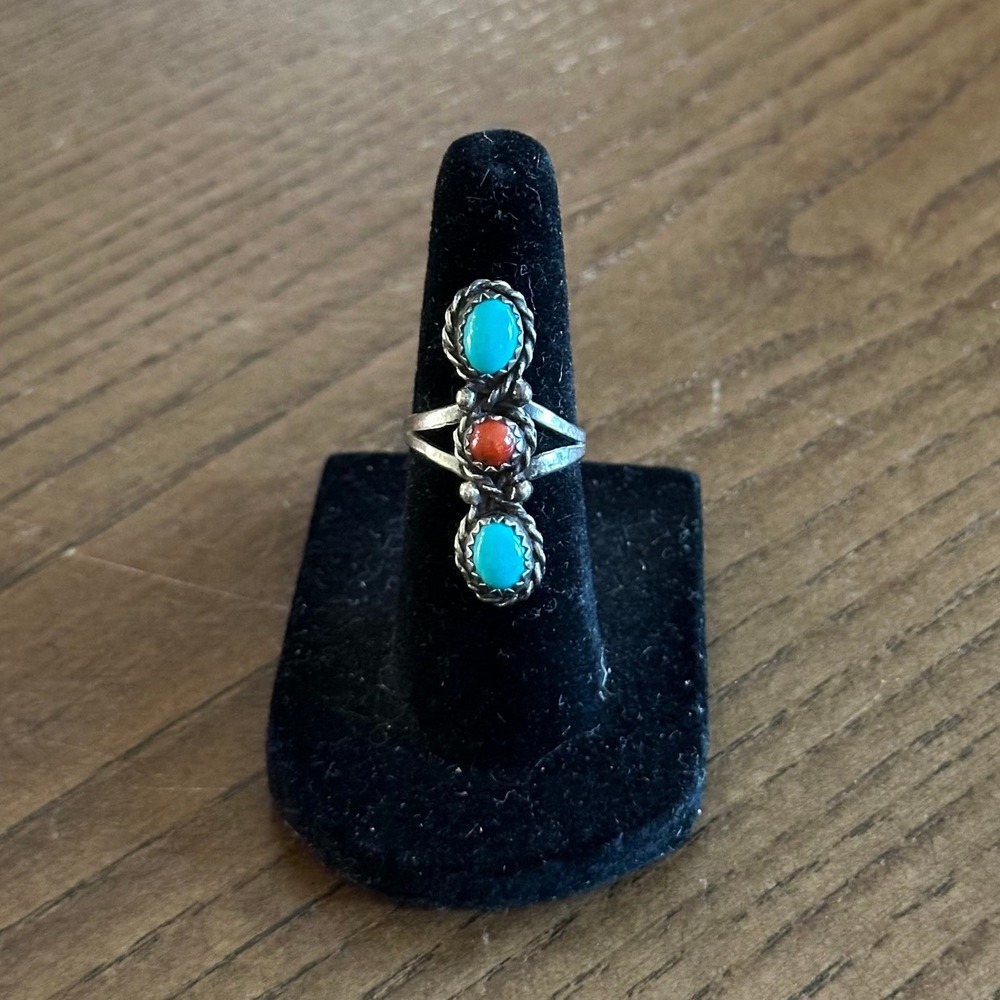 Vtg Southwestern Turquoise Coral Silver Ring Three Stone Size 5 Sterling Boho